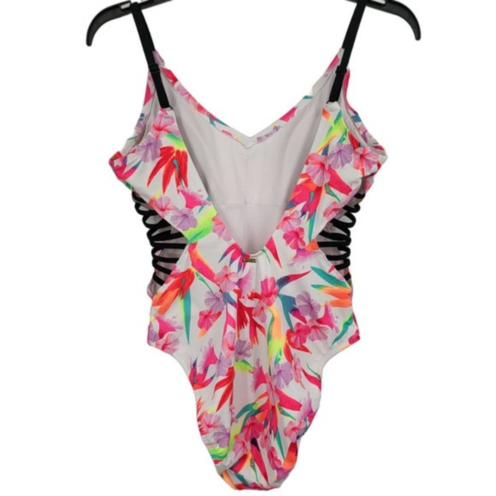 Victorias Secret PINK Large Neon Pink Tropical‎ Strappy Side One Piece Swim Suit - Picture 3 of 4